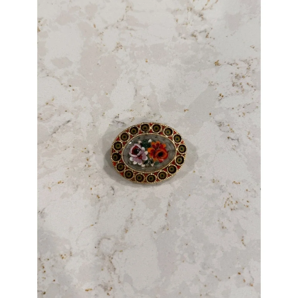 Vintage Italian Micro Mosaic Floral Brooch Pin Set 3pc Millefiori Gold Tone Oval